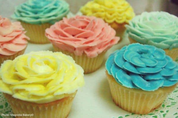 Cupcakes with pastel, flower-shaped frosting from magnolia bakery.