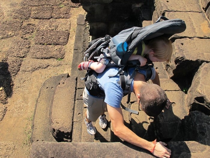 A backpack carrier is handy with a toddler in cambodia