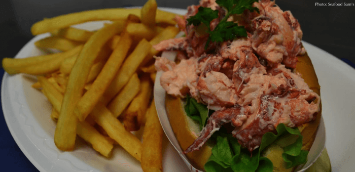 A properly filled lobster roll from sam's