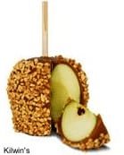 A nut and candy covered apple on a stick from kilwin's