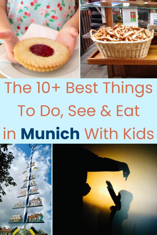 Munich, germany is an easy city to explore with kids, even very young ones. Here are our 10+ favorite things to do, see and eat in this laid-back bavarian city. Picture: a raspberry jam cookie, a basket of large pretzels, a maypole and people playing as shadows.