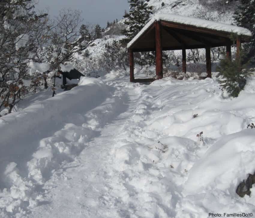 hiking trail at fishcreek falls, covered in snow.