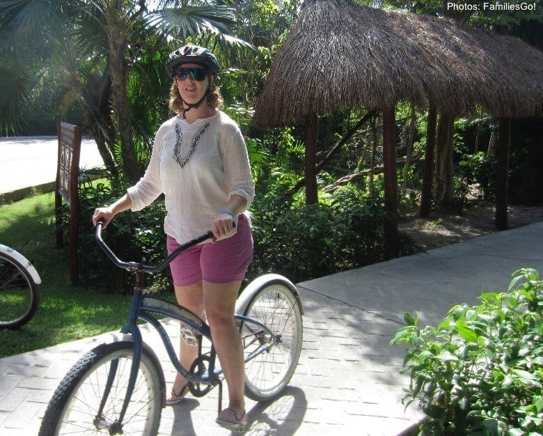 Biking on no-speed bikes with food breaks is a fun way to tour the ground of the bahia principe resorts in tulum.