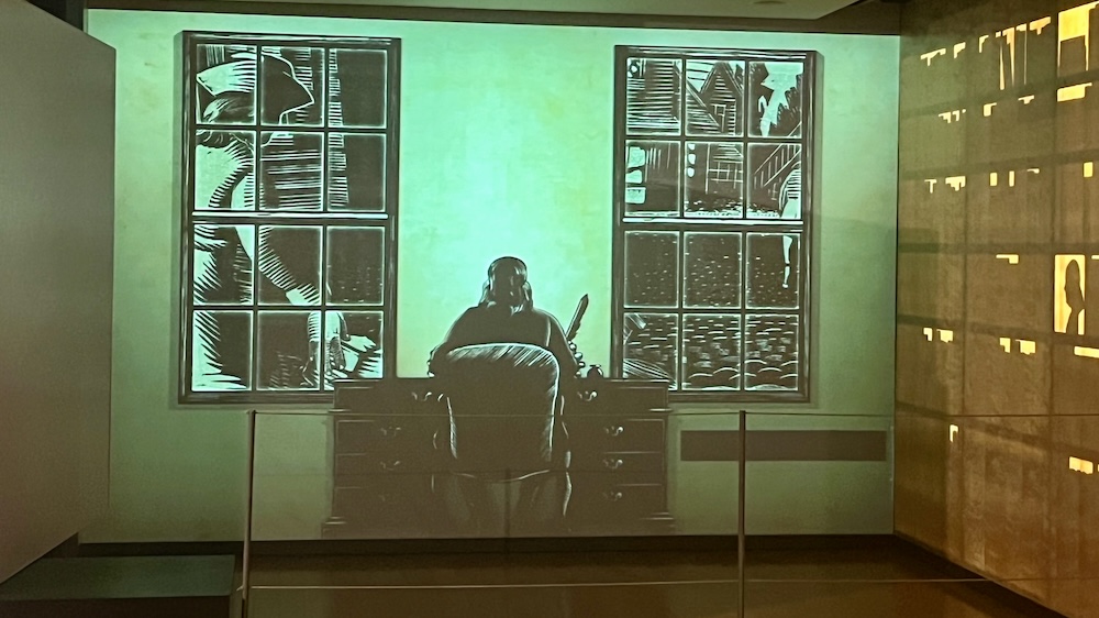 An animated rooms show the street life ben frankly saw from his office window in philadelphia.