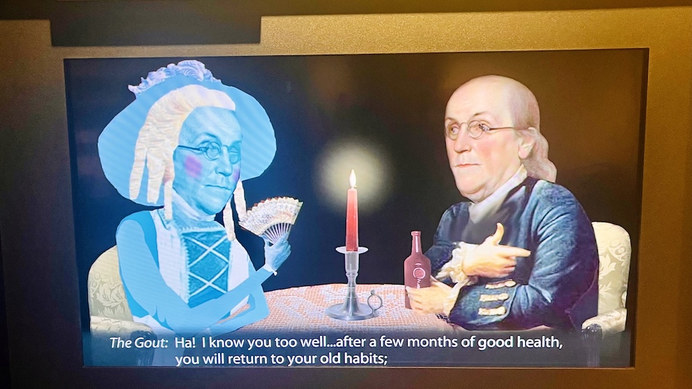The ben franklin museum uses humorous cartoons to bring to life the various personas he'd use to make a point.