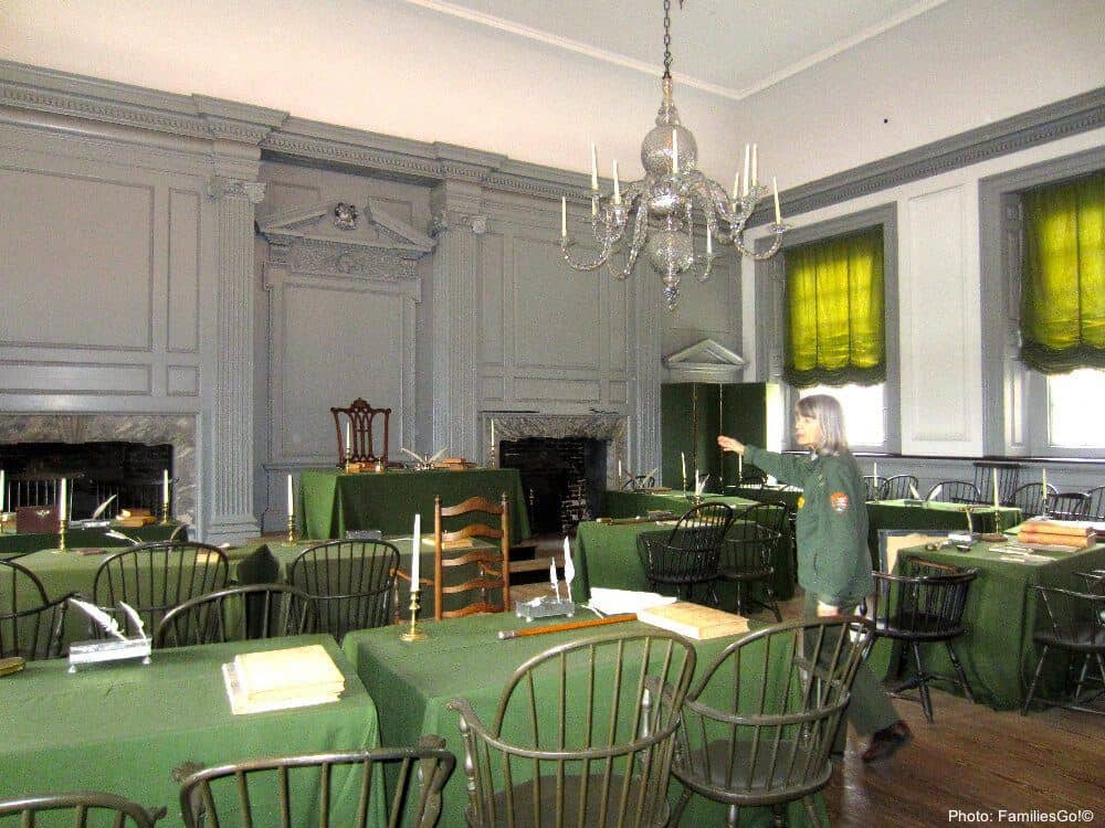 an nps ranger at independence hall in philadelphia.