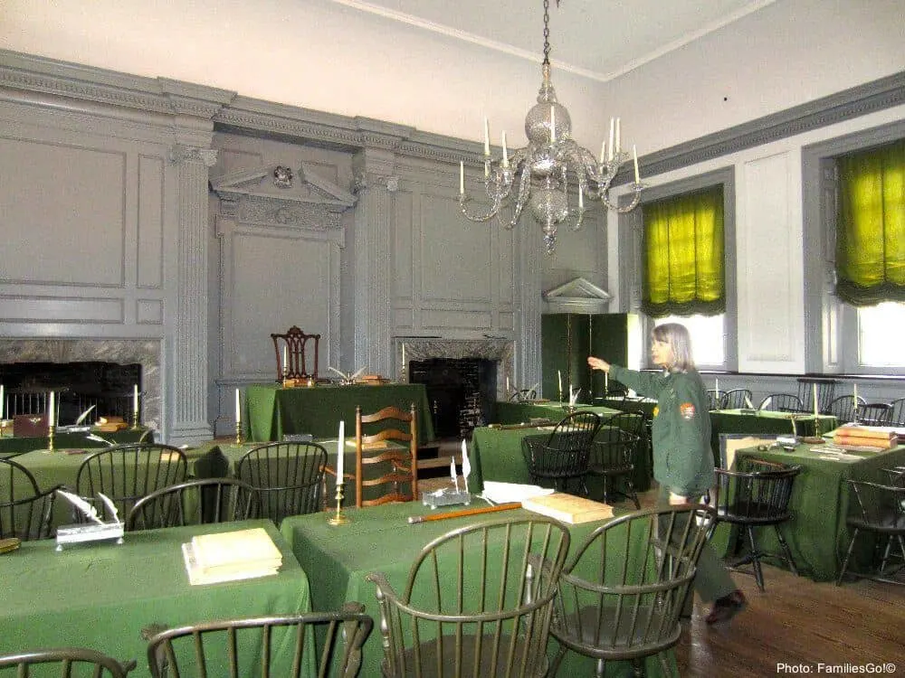 an nps ranger at independence hall in philadelphia.