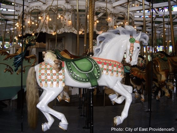 a white horse on the crescent park carousel, ri