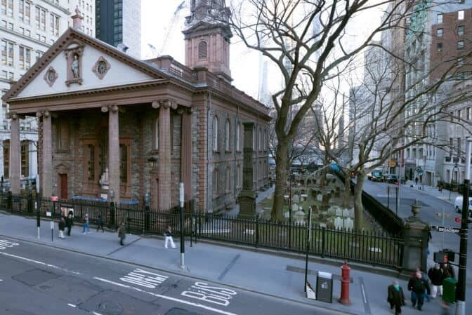 St. Pauls chapel in lower manhattan is important to new york's colonial history. It's cemetary has graves dating from the 1700s.