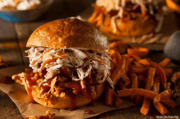 a pickled pig pulled-pork sandwich in lake placid.