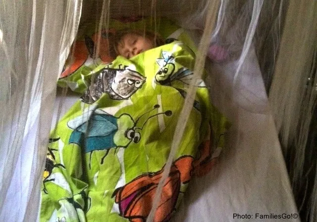 sleeping soundly under mosquito netting in senegal, west africa