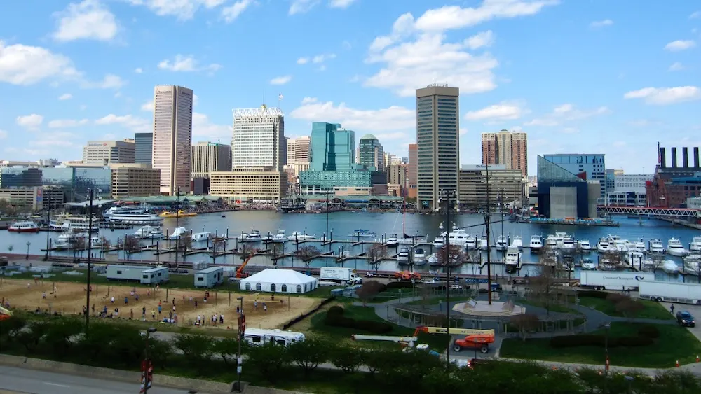 A view of batlimore's inner harbor from atop federal hill park.