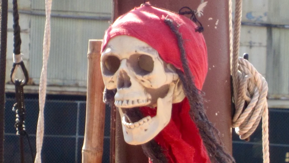 This fellow has been at sea too long! A skeleton pirate is tied to the mast on the urban pirates ship