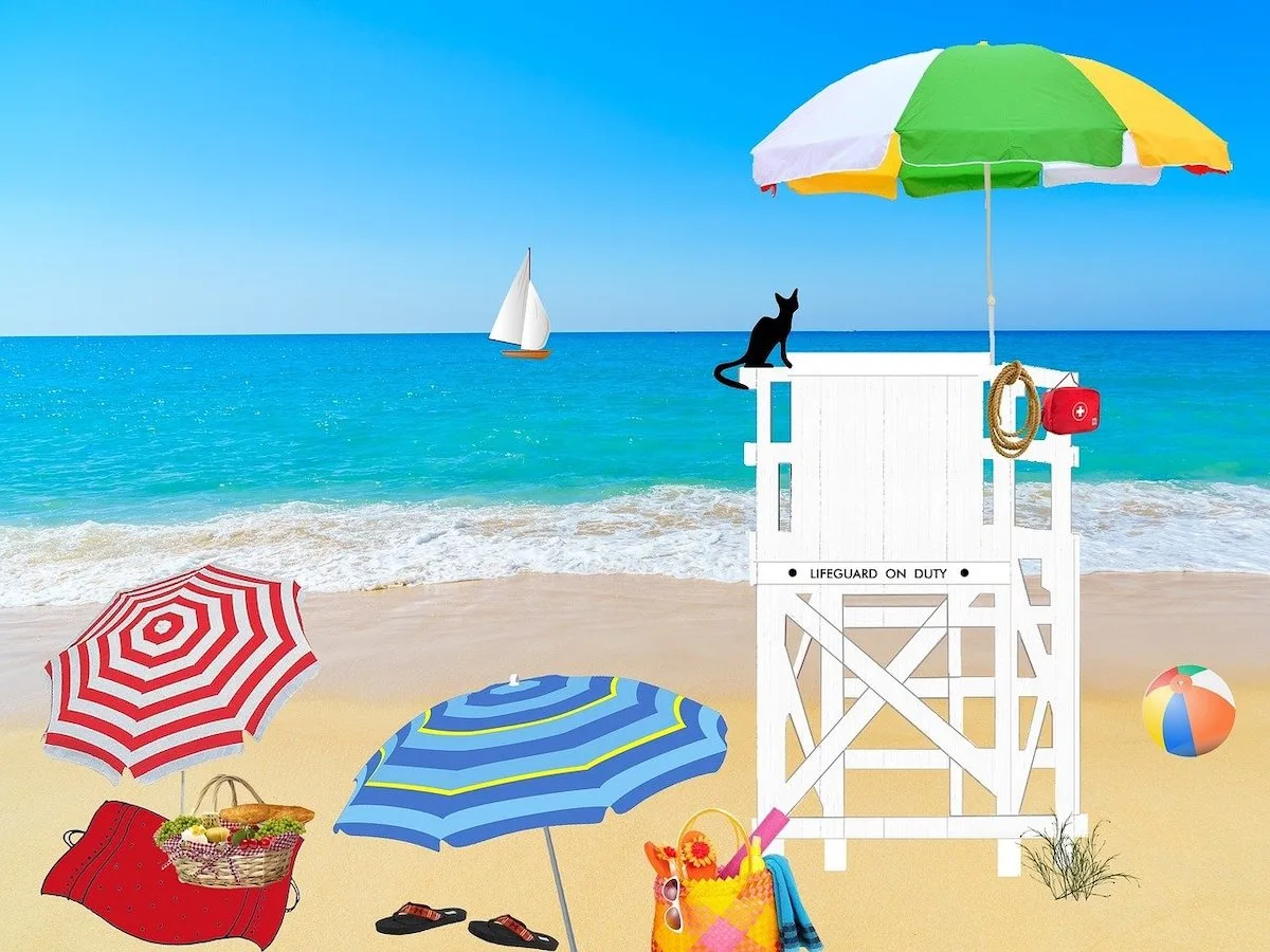 a drawn beach scene with umbrellas and a lifeguard chair