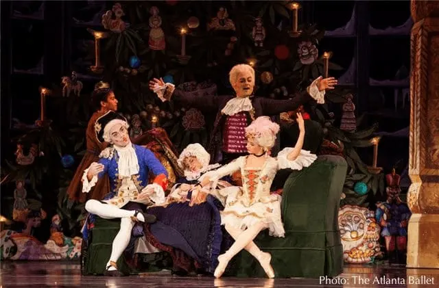 the nutcracker at the atlanta ballet features the classic drosselmeyer and his lifesize puppets.