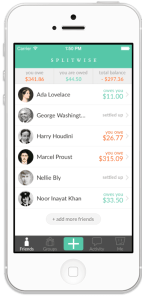 A screen shot of splitwise, a budget app that is handy for vacations with other people