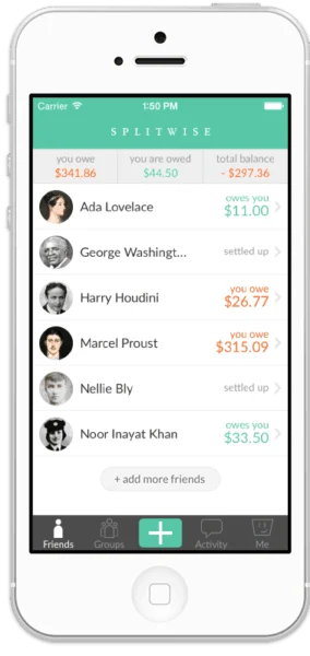 A screen shot of splitwise, a budget app that is handy for vacations with other people