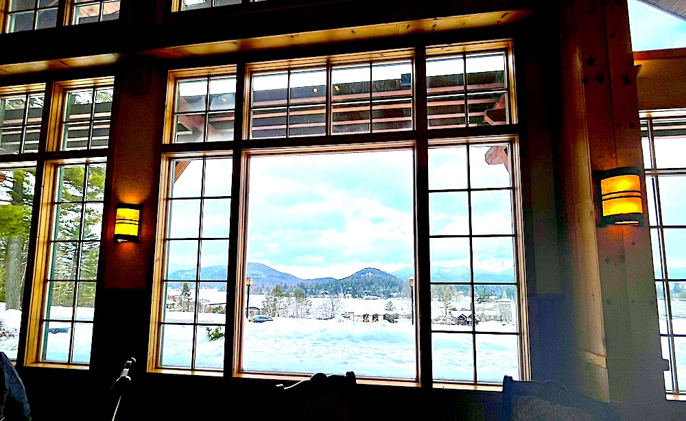 The best part of a stay at the crowne plaza in lake plaza is the view from it's great room of the adirondacks and the lake.