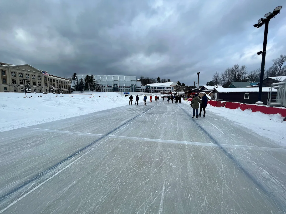 Lake Placid's enormous Olympic speed skating oval provides public skating in the shadow of the 1980 Olympic Center.