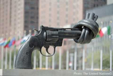 This famous knotted gun is in the sculprture garden of the u. N. Headquarters in nyc