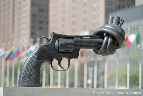 this famous knotted gun is in the sculprture garden of the u.n. headquarters in nyc