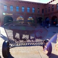 a square in Flagstaff has artful benches, skaters and shops