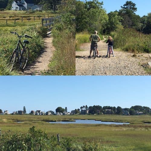 three photos of the scenic kennebunkport bridal path in maine. a bicycle on a narrow part of the trail. an dad and daughter pause where the trail narrows. an inland waterway at the end of the trail. 