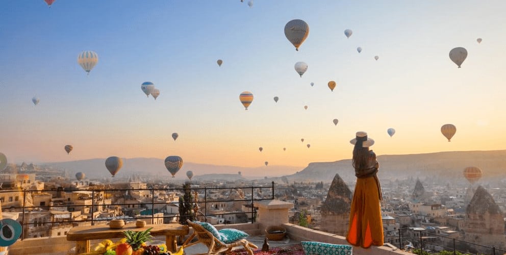 Up and away in a beautiful balloon in cappadocia, turkey.