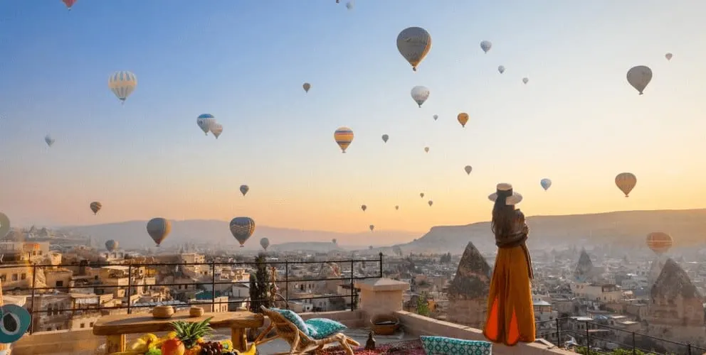 up and away in a beautiful balloon in cappadocia, turkey.