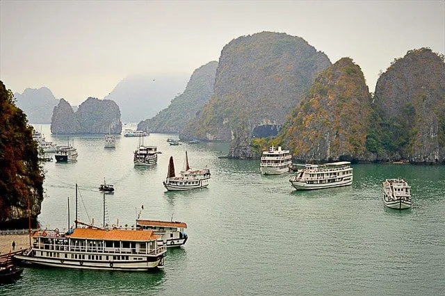 halong bay provides a scenic break from vietnam's busy cities. here, small tourist cruise boats dot the bay with caves behind.