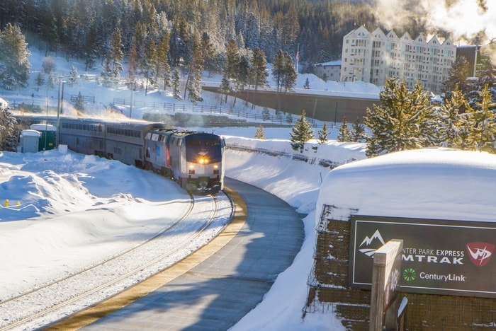 the ski train arrives as Winter Park