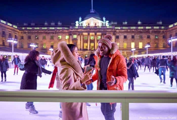 ice skating in front of stately somerset house