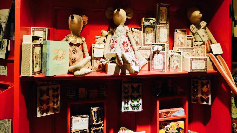 Elegant mice that sit on shelves or sleep in tiny boxes are among the treasures at pollyock's toy shop in covent garden.