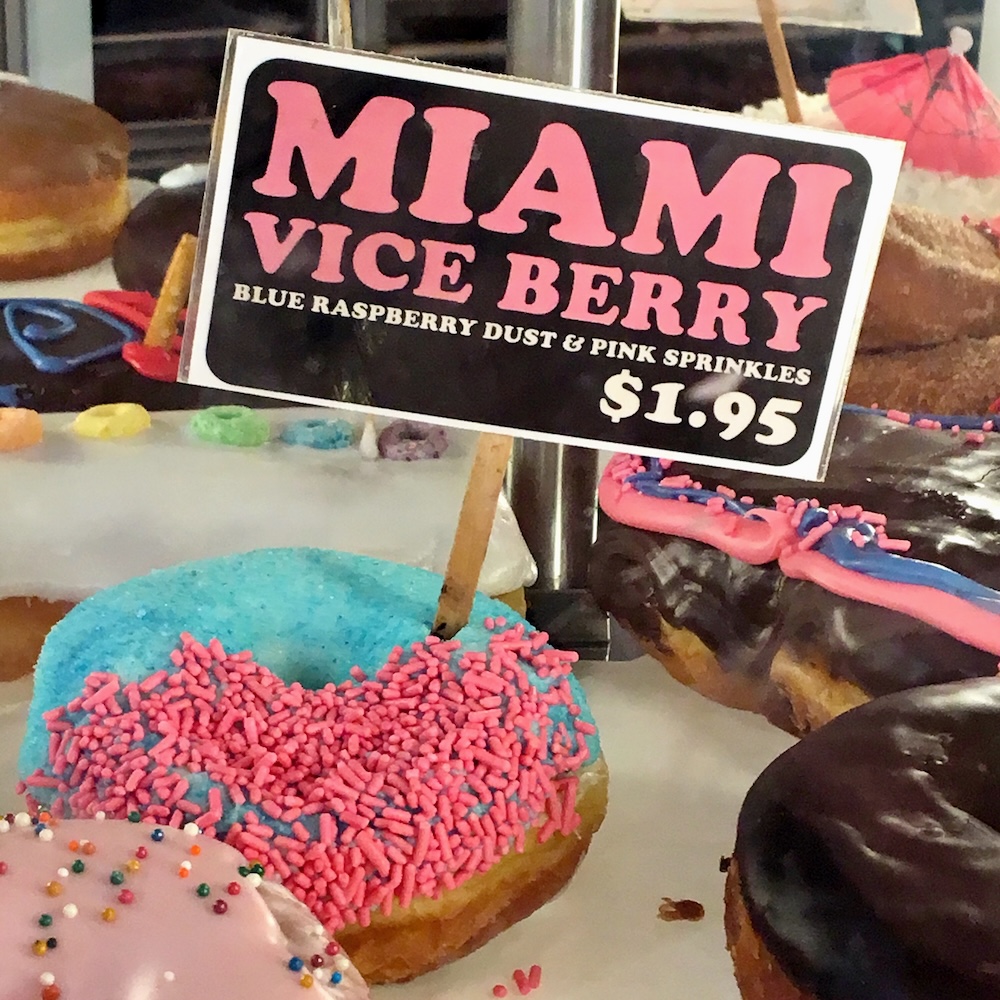 48 Hours In Portland, Or: 15 Things To Do, See &Amp; Eat With Tweens &Amp; Teens The miami vice at voo doo donuts is topped with bright blue raspberry dust and bright pink sprinkes.