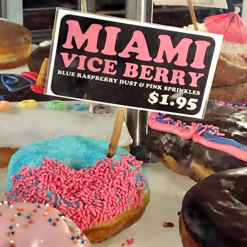 48 Hours In Portland, Or: 15 Things To Do, See &Amp; Eat With Tweens &Amp; Teens The miami vice at voo doo donuts is topped with bright blue raspberry dust and bright pink sprinkes.