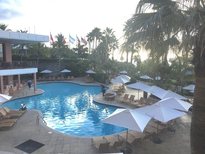 The pool at the fairmont in southampton in the early morning before the lounge chairs fill up.