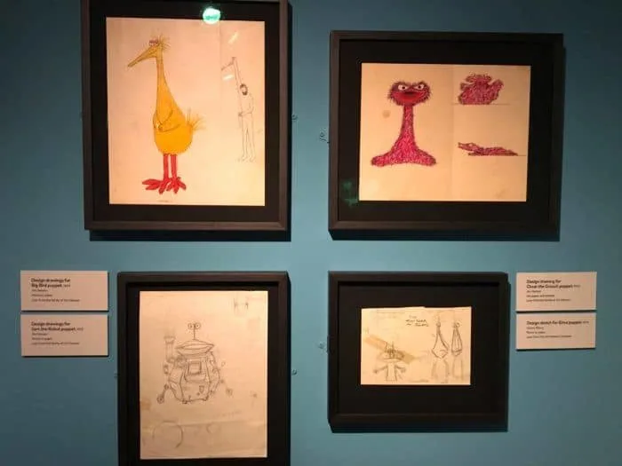 early sesame street sketches of big bird, oscar and other characters.