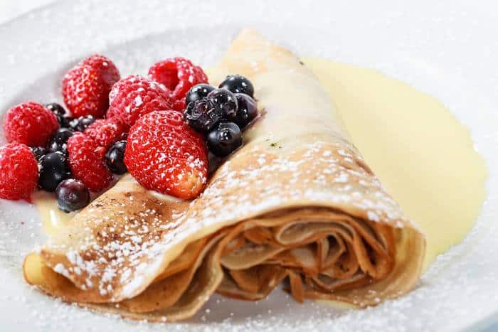 Breakfast crepes with chocolate and fruit in whistler village