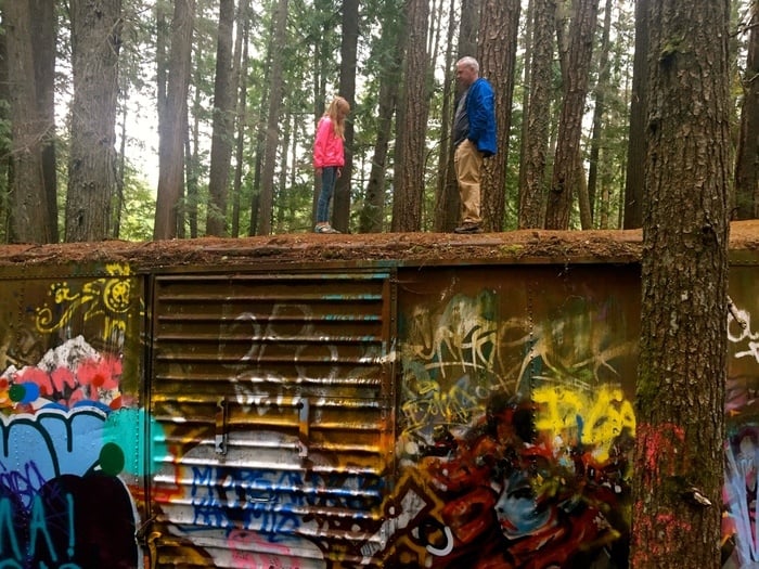 you can climb the graffitti box cars on b.c.'s train wreck trail, but be careful!