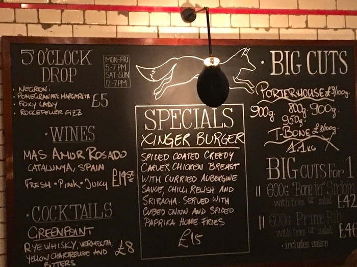 The chalkboard menu at foxlow in clerkenwell
