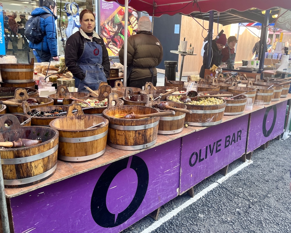 Olives are one of the many many things  you can buy at the portobello road market in notting hill.