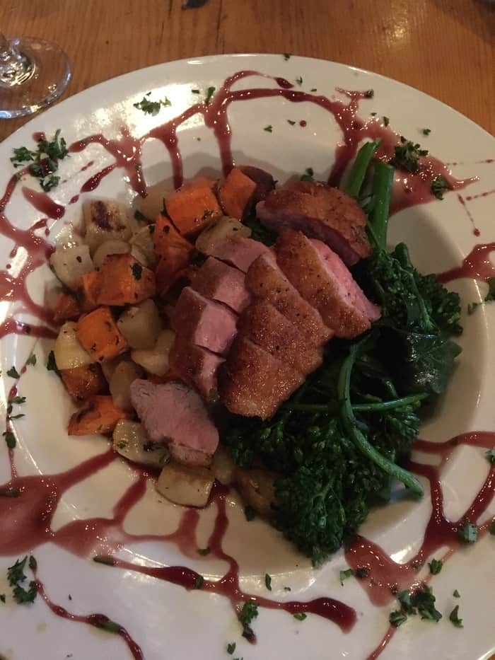 Southwestern-style duck with root vegetablesat doc martin's in taos.