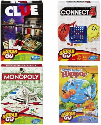 4 of hasbro's most popular games come in compact travel sizes: monopoly, hungry hippo, clue and connect 4.