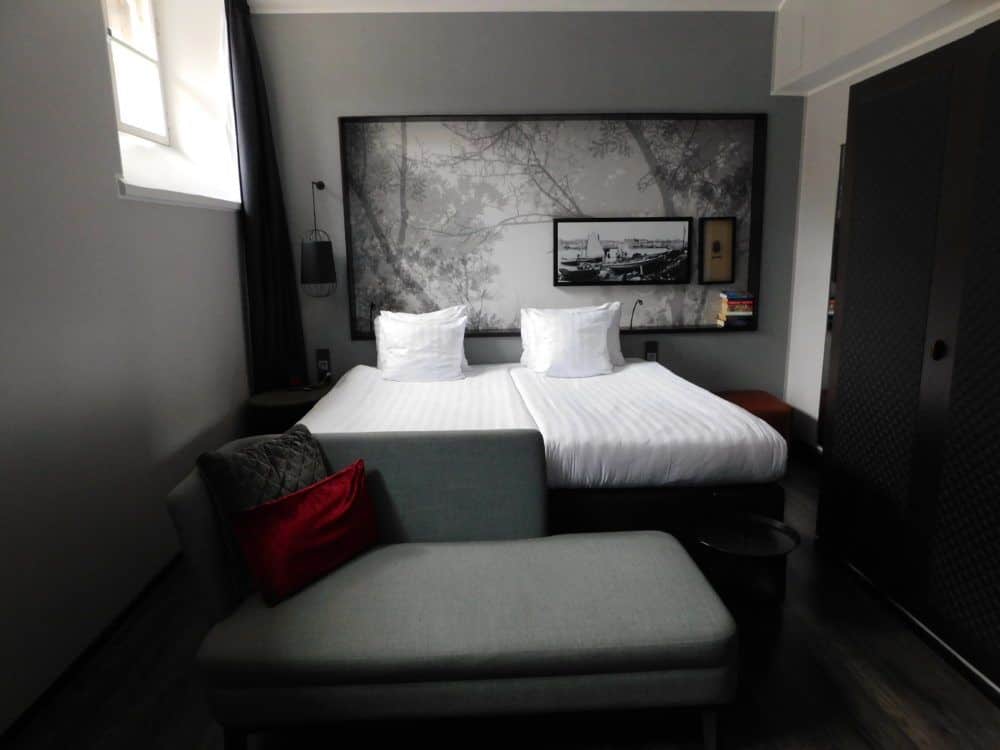 A typical room at the hotel katajanokka, where former prison cells have been reborn as cozy and stylish hotel rooms.