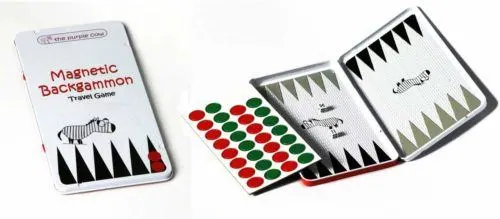 backgammon is just one of several magnetic travel games made by purple cow.