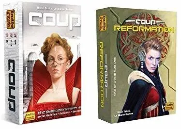 coup is a strategy game for tweens and teens. it's shown with an expansion deck.