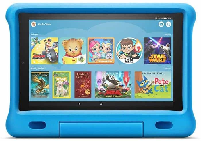Amazon's fire for kids comes in durable cases in blue and other colors.