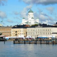 Helsinki's market square, Presidential house and Cathedral from the Harbor