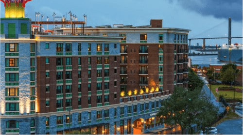 The new homewood suites hotel in savannah, sitting by the river.