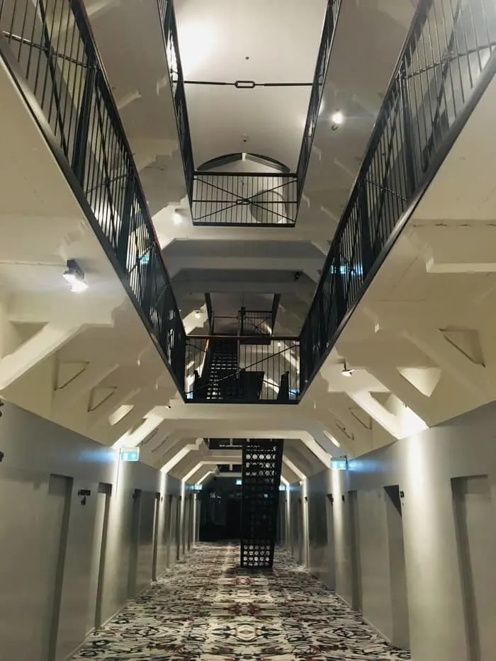 The open stairs and balconies reveal hotel katajanokka's prison past.
